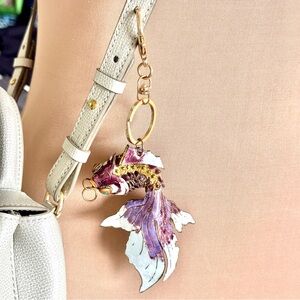 Vintage Bag Charm Y2K Metal Fish Keychain articulated Jointed Paint Purple Gold